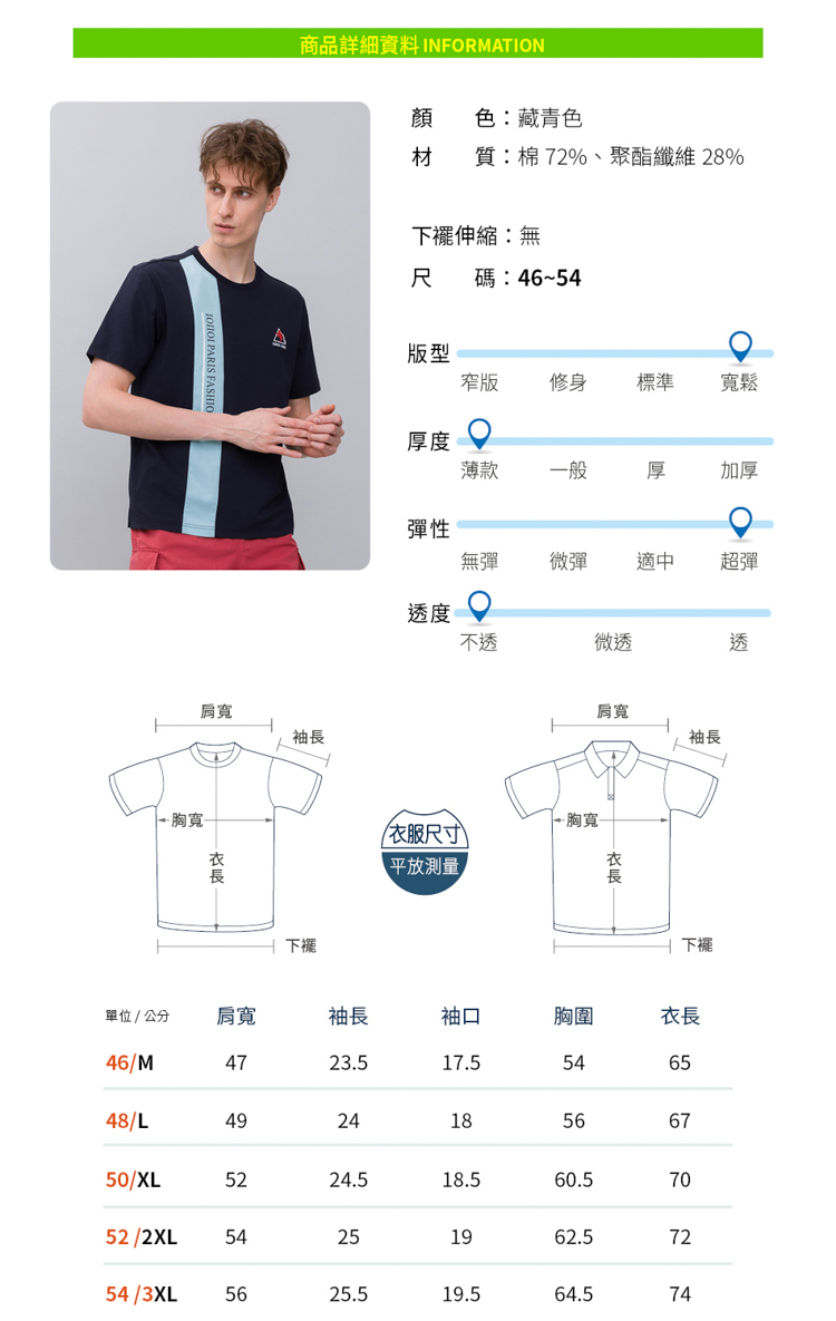 商品詳細資料 INFORMATION肩胸寬單位/公分46/M48/L顏色:藏青色材質:棉 %、聚酯纖維 28%伸縮:無尺碼:46~54袖版型版修身標準寬鬆厚度薄款一般厚加厚性無彈彈適中超彈度不微透透下襬尺寸)平放測量肩寬袖長 胸寬長下擺肩寬袖長袖口胸圍4723.517.554 衣長65492418566750/XL5224.518.560.57052/2XL 54251962.554/3XL5625.519.564.5727274