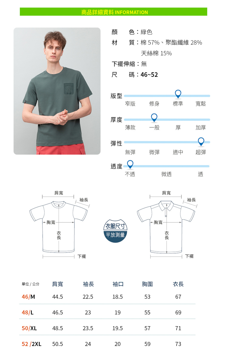 商品詳細資料 INFORMATION肩胸寬袖顏色:綠色材 質:棉 57%、聚酯纖維 286天絲棉 156伸縮:無尺碼:46~52下襬版型版修身標準寬鬆厚度薄款一般厚加厚性無彈彈適中超彈度不微透透尺寸)平放測量肩寬袖長 胸寬長下擺單位 公分 肩寬袖長袖口胸圍衣長46/M44.522.518.5536748/L46.5232319556950/XL 48.523.519.5577152 /2XL50.524205973