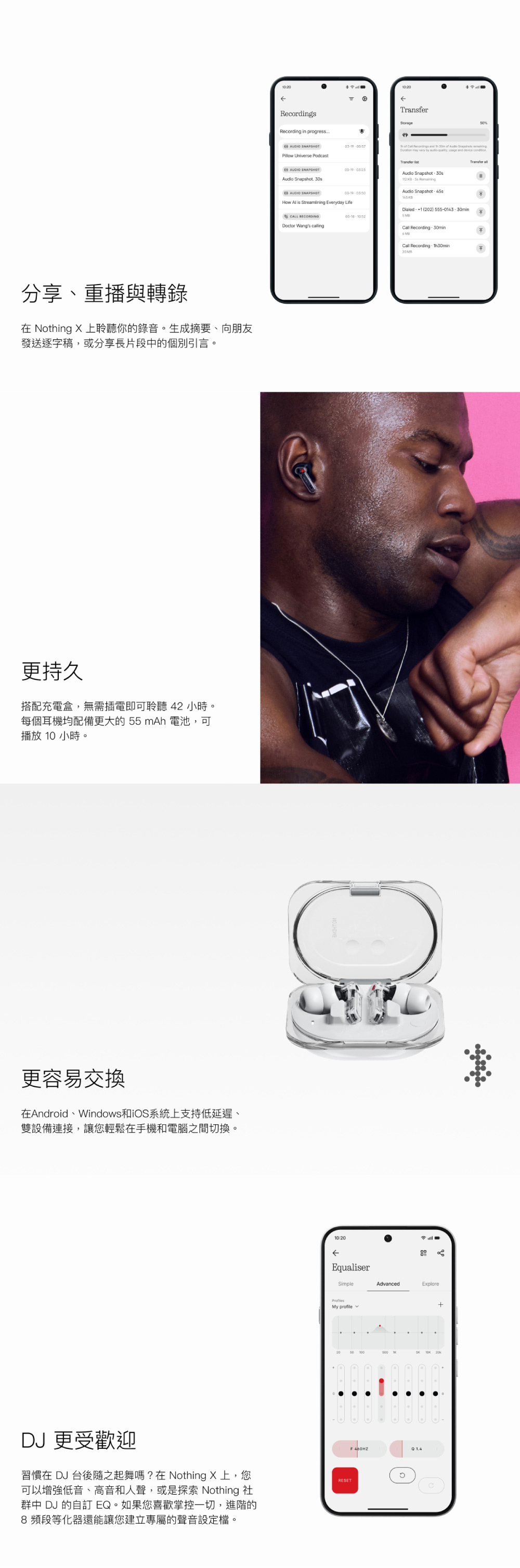分享、重播與轉錄在 Noing X 上聆聽你的錄音。生成摘要、向朋友發送逐字稿或分享長片段中的個別引言。更持久搭配充電盒無需插電即可聆聽 42 小時。每個耳機均配備更大的55mAh 電池,可播放10小時。更容易交換在Android、Windows和iOS系統上支持低延遲、雙設備連接,讓您輕鬆在手機和電腦之間切換。DJ 更受歡迎習慣在 DJ台後隨之起舞嗎?在Nothing X 上,您可以增強低音、高音和人聲,或是探索 Nothing 社群中 DJ 的訂 EQ。如果您喜歡掌控一切,進階的8 頻段等化器還能讓您建立專屬的聲音設定檔。Recording in progress AUDIO illow Universe Podcast AUDIO A Snapshot AUDIO SNAPSHOTHow is Streamlining Everyday LifeCALL RECORDING Doctor Wangs 1020Equaliser1020StorageP Recordings th may vary udio , usage device Audio Snapshot:112 Audio Snapshot:Transfer Dialed 1 (2025550143-30minCall Recording.30min6 Call Recording,Th30min20MB-SimpleAdvancedExploreMy F RESET+
