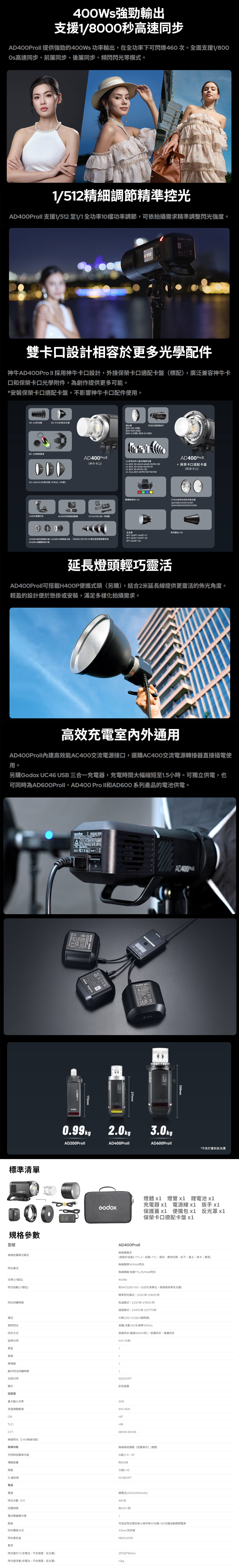 400s強勁輸出支援8000秒高速同步AD400Proll 提供強勁的400s 功率輸出在全功率下可閃爍460。全面支援800Os高速同步、前簾同步、後簾同步、頻閃閃光等模式。52精細調節精準控光AD400Proll 支援1512至全功率10功率調節,可依拍攝需求精準調整閃光強度。512雙卡口設計相容於更多光學配件神牛AD400Pro 採用神牛卡口設計,外接保榮卡口適配卡盤標配,廣泛兼容神牛卡口和保榮卡口光學附件,為創作提供更多可能。安裝保榮卡口適配卡盤,不影響神牛卡口配件使用。N-04東光AD-R12反光罩BD-08蜂巢套装AD-S60/65/85柔光箱W白,S雷达罩闪光灯投影BFPBDR-S55 BDR- 内白)BDR-S (内)/BDR-W (内白)AD400 Proll(神牛卡口)UL系列式八角/四角柔光箱-BOX 3045/4560/60x/90120UL-BOX4040/6060/9090UL-BOX /30120UL-Octa BOX 60/90/120/150/180AD400 Pro + 保卡口适配卡盘(保荣卡口)H400P便携灯头AC400交流电源适配器UC46USB三合一充电器蜂巢音装BD-ST/SW系列伞式快开柔光箱S65T/S85T/05T/S120TS65W/S85W/S105W/S120W反光罩AD400Pro玲珑转接卡盘/AD400Pro布朗转接卡盘AD400Pro图转接卡盘P68/88/128/158 Kt调光变焦抛物罩系统RFT-13/RFT-14/RFT-17RFT-18/RFT-19/RFT-02RFT-03/RFT-04東光SN-05延長燈頭輕巧靈活AD400Proll可搭載H400P便攜式頭(另購),結合2米延長線提供更靈活的光角度。輕盈的設計便於懸掛或安裝,滿足多樣化拍攝需求。高效充電外通用AD400Proll高效能AC400交流電源接口,選購AC400交流電源轉接器直接插電使用。另購 UC46 USB 三合一充電器,充電時間大幅縮短至1.5小時。可獨立供電,也可同時為AD600Proll、AD400 Pro II和AD600系列產品的電池供電。標準清單 AC400 172mm 211mmAD400E0.99kg 2.0kg 3.0kg330mmAD200ProllAD400ProllAD600Proll*不含灯管和反光罩Godox規格參數型號AD400Proll無線電模式燈體 燈管 電池 充電器 電源線 扳手 x1保護蓋 x1 便攜 x1 反光罩 x1保榮卡口適配卡盤 x1無線從屬單元模式閃光模式功率(/1位)閃光指數(檔位)閃光持續時間檔位頻閃閃光同步方式延時引閃蒙版風扇蜂鳴器(相容於佳能E-TTL II、尼康i-TTL、索尼、奥林巴斯、松下、富士、徠卡、賓得)無線關閉M/Multi閃光無線開啟支援TTL/M/Multi閃光400WsGN72(ISO ,公尺為單位,使用高效率反光罩)標準閃光模式1/220秒-1/16120秒色溫模式 秒秒凝固模式:1/3470 秒-1/27770秒檔:1/5121/1(以檔微調)具備(:100次:)高速同步(最高/8000秒),前簾同步,後簾同步~30秒顯示閃光持續時間光控引閃顯示S1/S2/OFF彩色螢幕造型燈最大功率30W亮度調整範圍10%-100%CRICCT97982800K-6000K無線閃光(2.4G無線功能)無線功能無線接收開啟(從屬單元)/關閉可控制從屬單元組傳輸距離16組:0-9、AF)100米頻道32組:1-32ID 識別號01-99/OFF電源電源鋰電池(21.6/2500mAh)閃光次數(1/1)460次回電時間電池電量顯示燈約~1秒V可設定閃光燈在無人操作時30分鐘~120分鐘自動關閉電源節能同步觸發方式3.5mm 同步線5800±閃光管色溫尺寸閃光燈尺寸(含電池、不含燈管、反光罩)211*129*90mm閃光燈淨重(含電池、不含燈管、反光罩)2kg