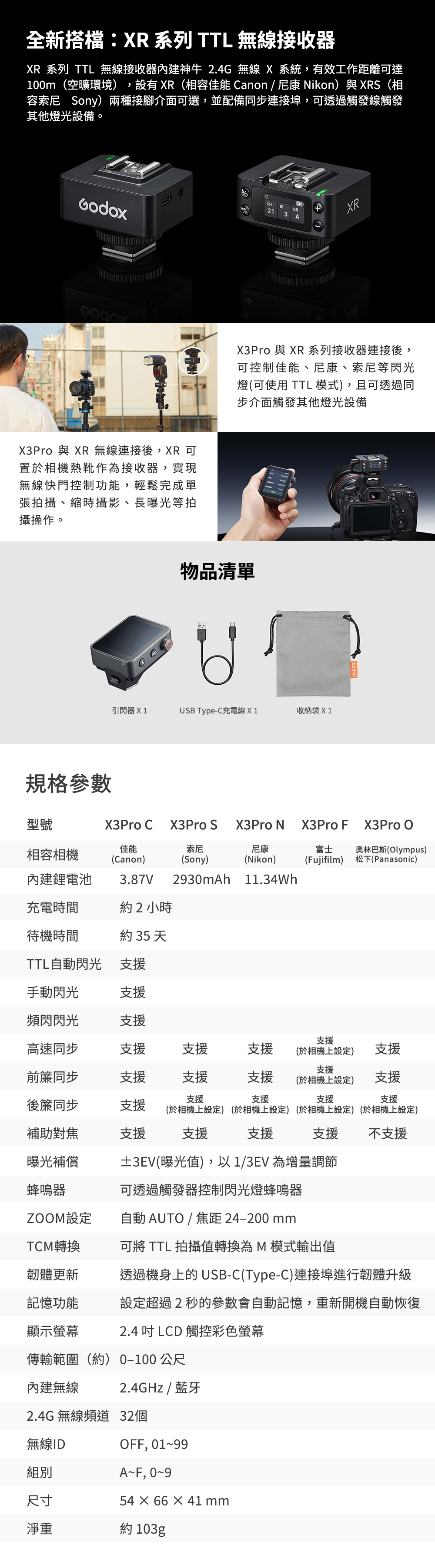 全新搭檔:R 系列 TTL 無線接收器 系列 TTL 無線接收器內建神牛 2.4G 無線 X 系統,有效工作距離達100m(空曠環境),設有XR(相容佳能 anon/尼康Nikon)與XRS(相容索尼Sony)兩種接腳介面可選,並配備同步連接埠,可透過觸發線觸發其他燈光設備。X3Pro 與 XR 無線連接後,XR 可置於相機熱靴作為接收器,實現無線快門控制功能,輕鬆完成單張拍攝、縮時攝影、長曝光等拍攝操作。規格參數CCH 21GR3AXRX3Pro 與 XR 系列接收器連接後,可控制佳能、尼康、索尼等閃光燈(可使用 TTL 模式),且可透過同步介面觸發其他燈光設備物品清單引閃器X1USB Type-C充電線X1收納袋X1型號X3Pro CX3Pro SX3Pro N X3Pro FX3Pro O相容相機佳能索尼尼康富士奥林巴斯(Olympus)(Canon)內建鋰電池3.87V(Sony)2930mAh(Nikon)(Fujifilm)松下(Panasonic)11.34Wh充電時間約2小時待機時間約35天TTL自動閃光支援手動閃光支援頻閃閃光支援高速同步支援支援支援支援(於相機上設定)支援支援前簾同步支援支援支援支援支援(於相機上設定)支援支援支援後簾同步支援(於相機上設定) (於相機上設定) (於相機上設定) (於相機上設定)補助對焦支援支援支援支援不支援曝光補償±3EV(曝光值),以 1/3EV 為增量調節蜂鳴器可透過觸發器控制閃光燈蜂鳴器ZOOM設定自動 AUTO / 焦距 24–200 mmTCM轉換可將 TTL 拍攝值轉換為M 模式輸出值韌體更新透過機身上的 USB-C(Type-C)連接埠進行韌體升級記憶功能設定超過2秒的參數會自動記憶,重新開機自動恢復顯示螢幕2.4 吋 LCD 觸控彩色螢幕傳輸範圍(約) 公尺內建無線2.4GHz / 藍牙2.4G 無線頻道 32個無線IDOFF, 01~99組別尺寸A~F, 0~954 × 66 × 41 mm淨重約 103g