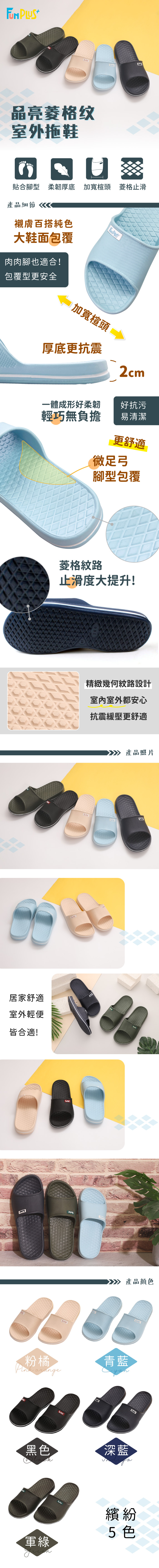 品亮菱格纹室外拖鞋貼合腳型柔韌厚底 加寬楦頭 菱格止滑產品細節《襯膚百搭純色大鞋面包覆肉肉腳也適合!包覆型更安全加寬楦頭厚底更抗震2cm一體成形好柔韌輕巧無負擔好抗污易清潔更舒適微足弓腳型包覆菱格紋路止滑度大提升!精緻幾何紋路設計室外都安心抗震緩壓更舒適居家舒適室外輕便皆合適!產品照片產品顏色粉橘青藍黑色深藍軍綠繽紛5色