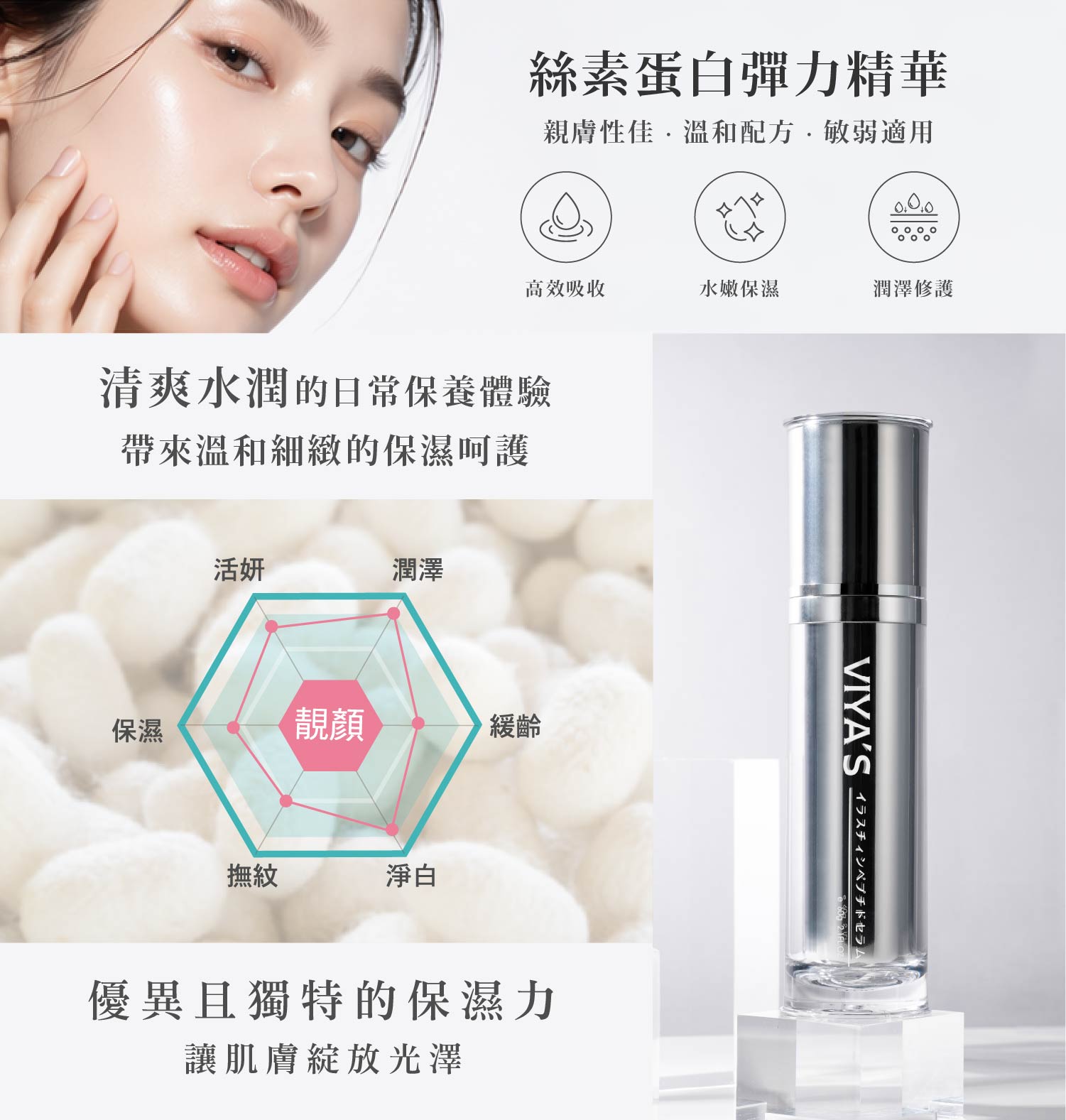 特級金獎|絲素蛋白彈力精華60g 7 濃密蠶絲蛋白萃取,清爽不黏膩、緊緻透亮光采。絲素蛋白彈力精華 - VIYA'S薇亞絲專業保養品