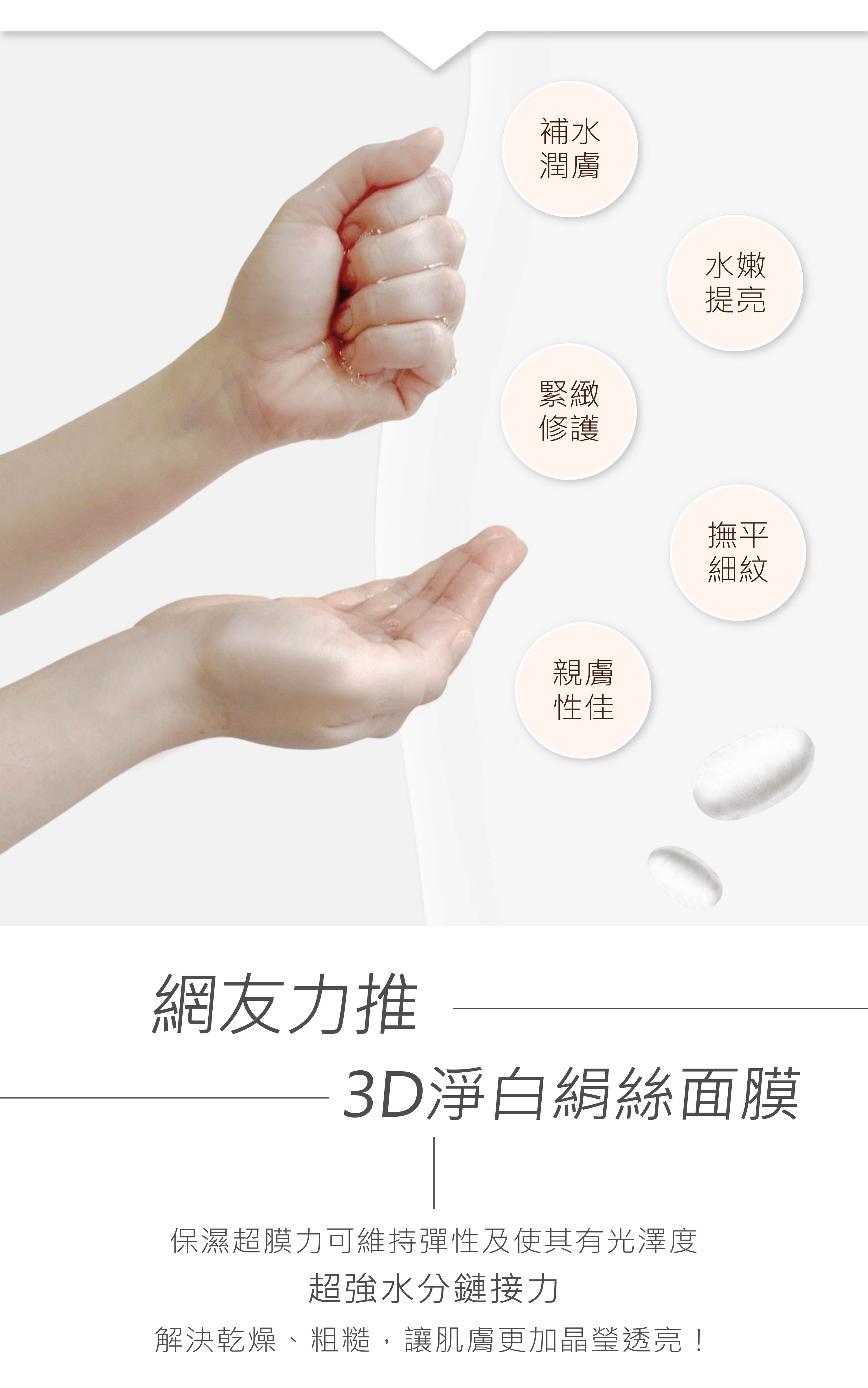 網友力推面膜，保濕超膜力可維持彈性及使其有光澤度 超強水分鏈接力。 3D淨白絹絲面膜 - VIYA'S薇亞絲專業保養品