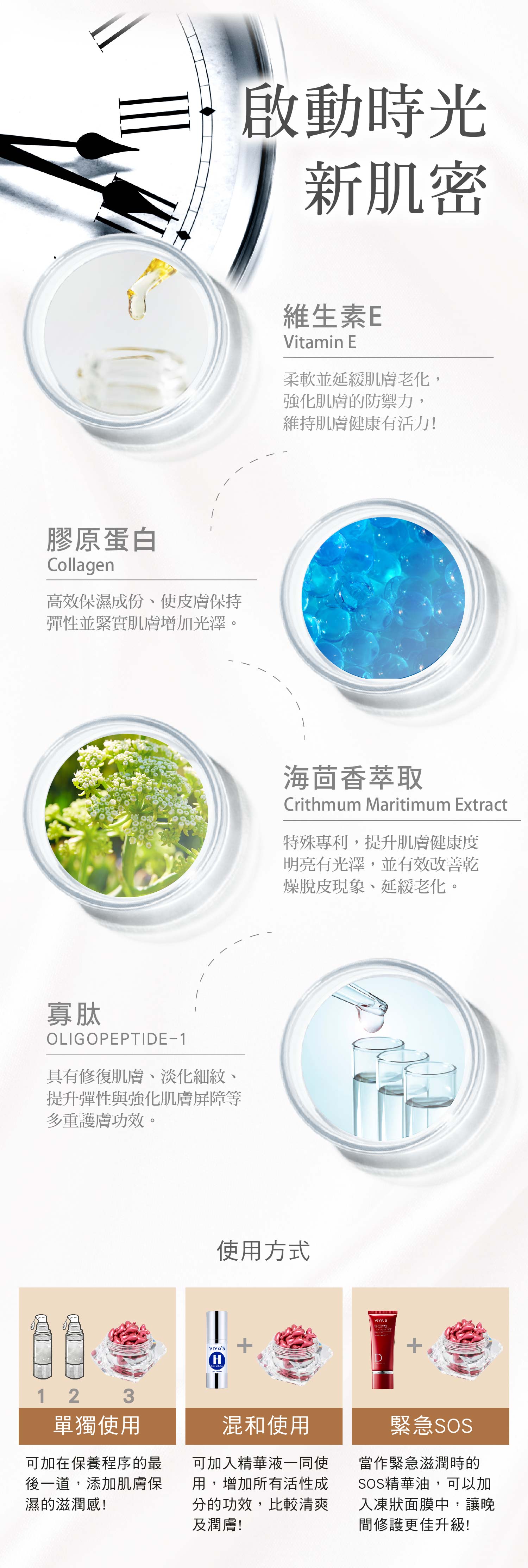 親膚性、延展性佳、輕油質地 美容膠囊油，小巧易攜帶。CIC2全效凝時心球 - VIYA'S薇亞絲專業保養品