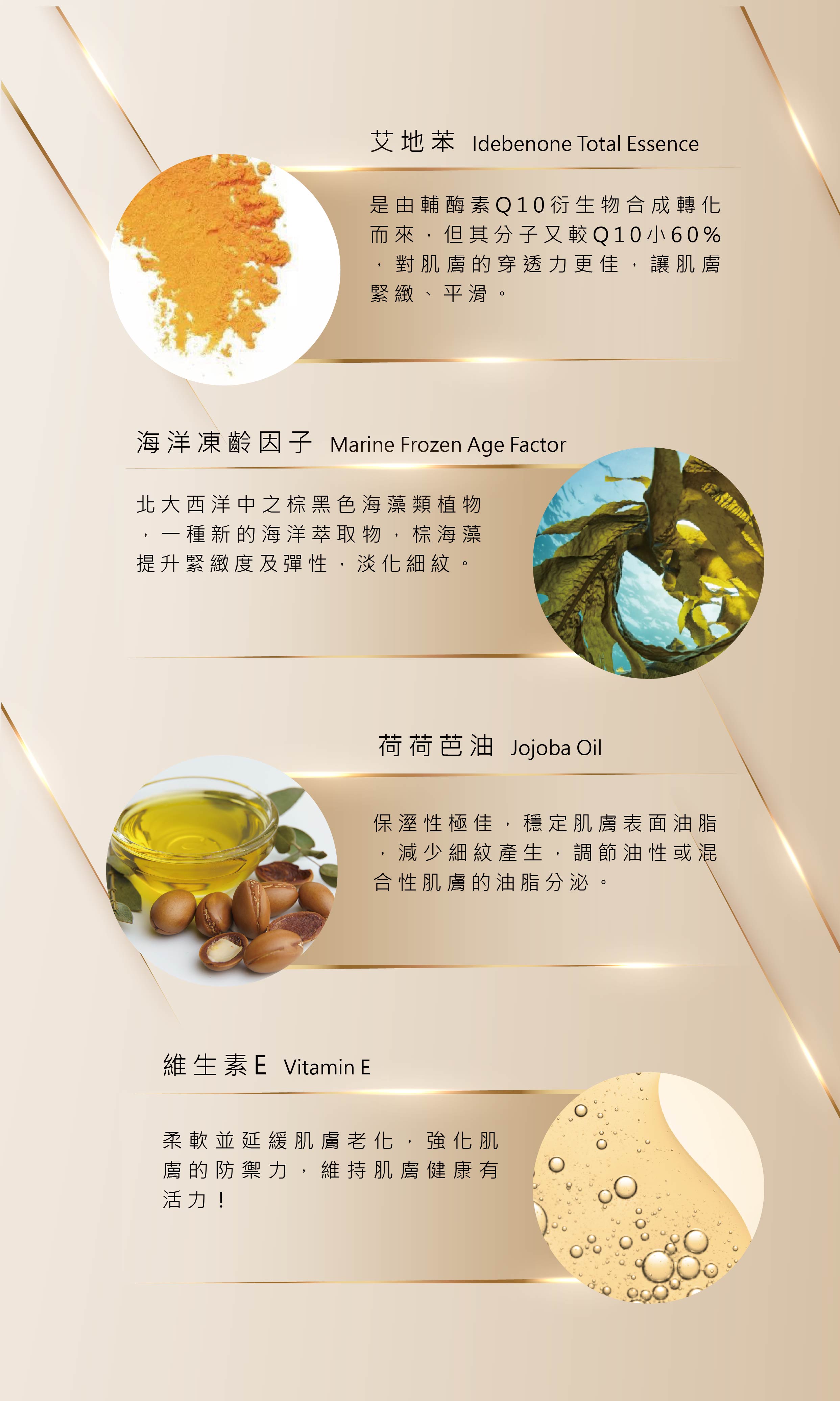 延緩老化成份【頂級艾地苯】，輔酶素Q10衍生物合成轉化而來，讓肌膚緊緻、平滑。艾地苯全效精華 - VIYA'S薇亞絲專業保養品