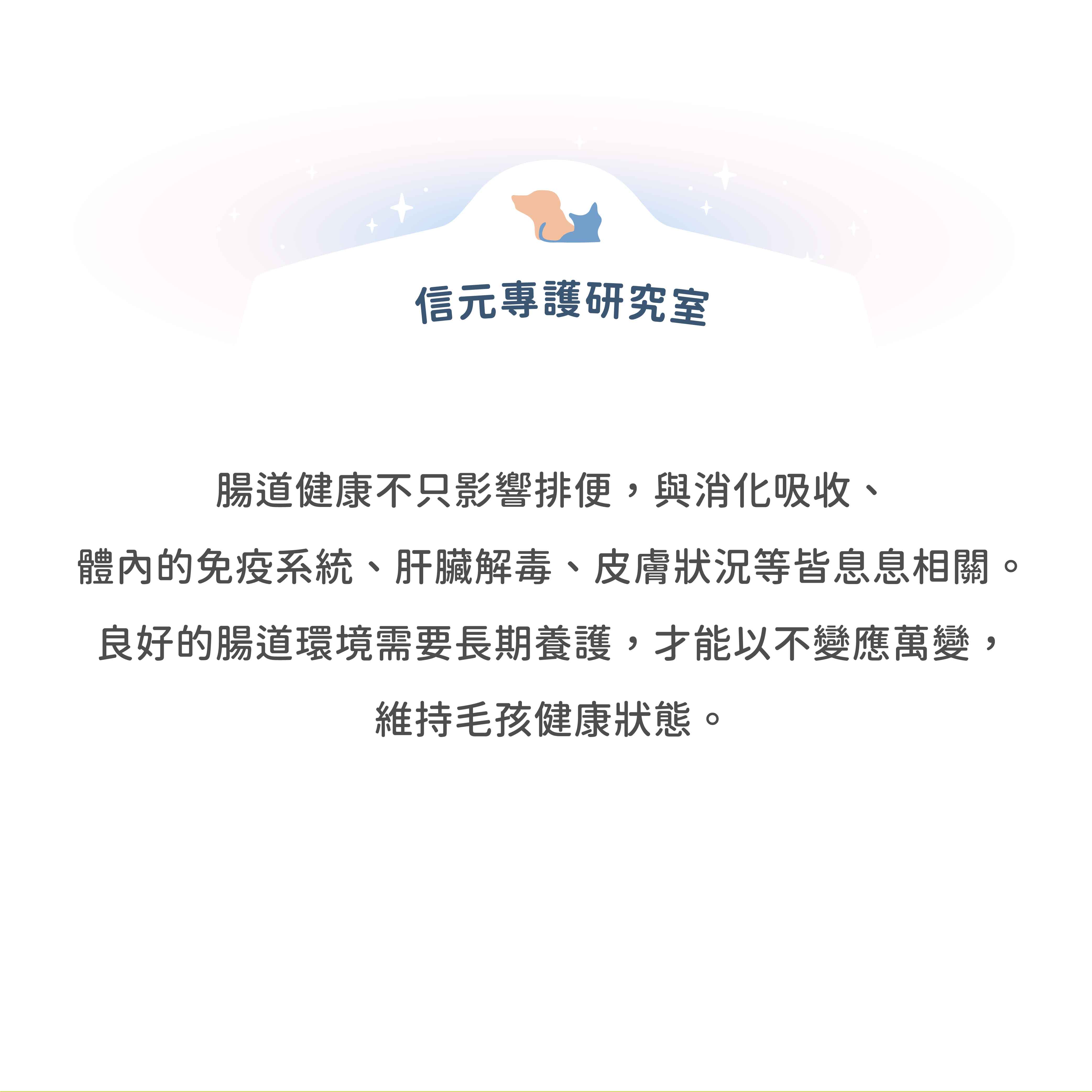信元專護研究室腸道健康不只影響排便,與消化吸收、體內的免疫系統、肝臟解毒、皮膚狀況等皆息息相關。良好的腸道環境需要長期養護,才能以不變應萬變,維持毛孩健康狀態。