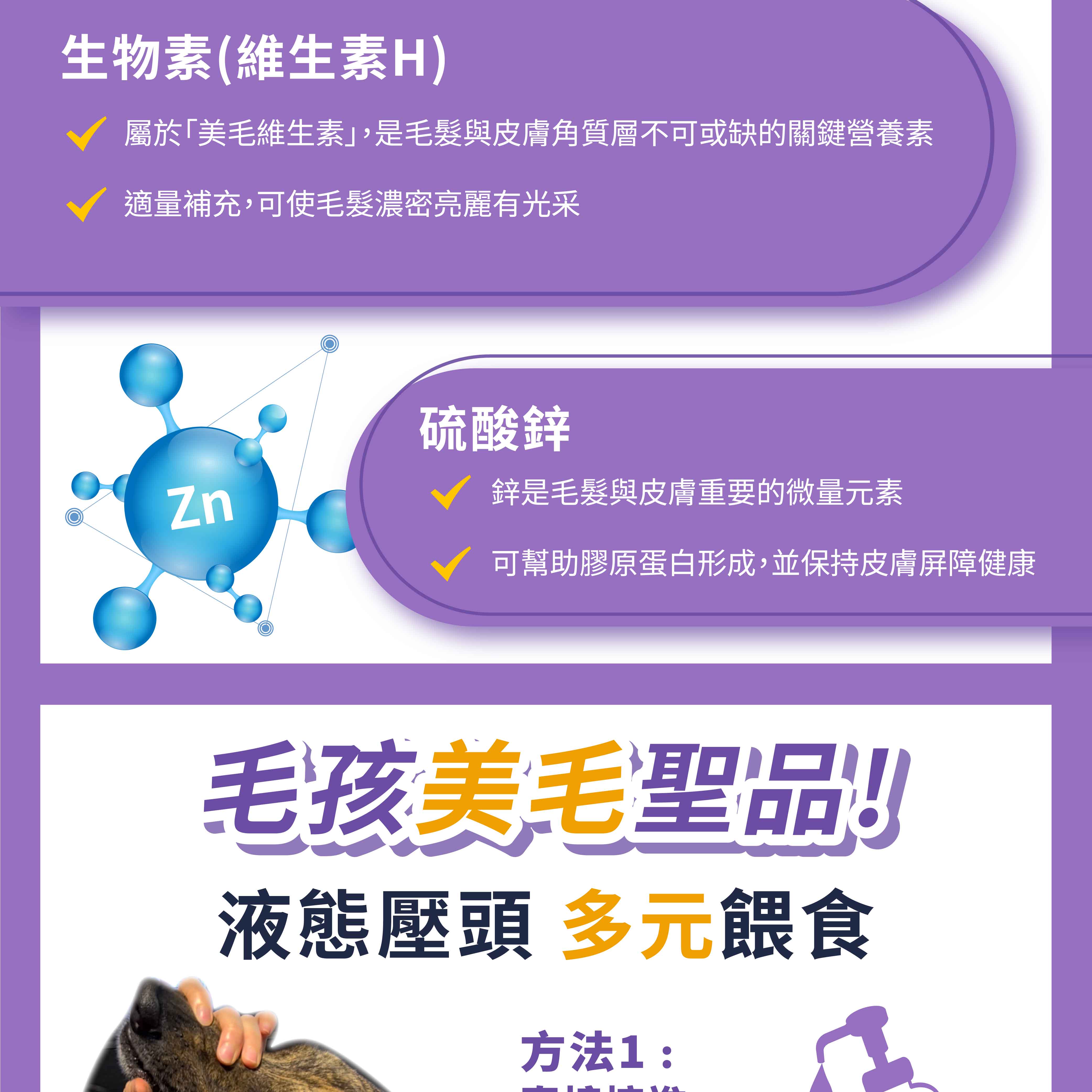 生物素(維生素H)屬於「美毛維生素,是毛髮與皮膚角質層不可或缺的關鍵營養素適量補充,可使毛髮濃密亮麗有光采Zn硫酸鋅鋅是毛髮與皮膚重要的微量元素可幫助膠原蛋白形成,並保持皮膚屏障健康毛孩美聖品!液態壓頭 多元餵食方法1: