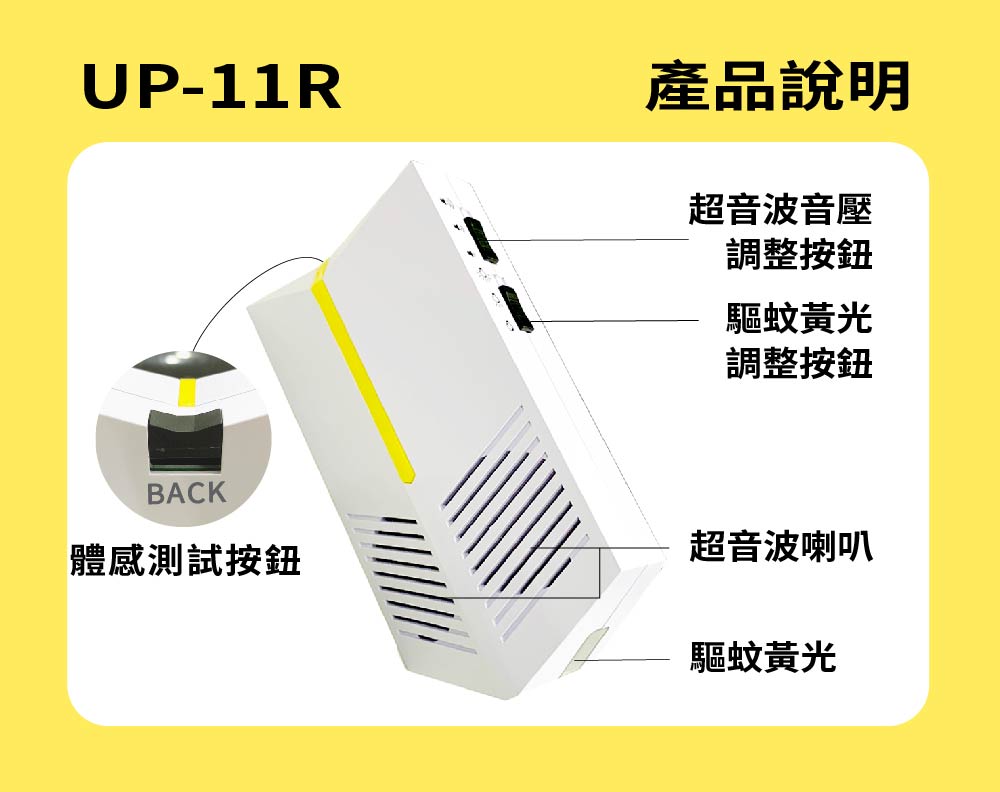 UP-11RBACK體感測試按鈕產品說明超音波音壓調整按鈕驅蚊黃光調整按鈕超音波喇叭驅蚊黃光