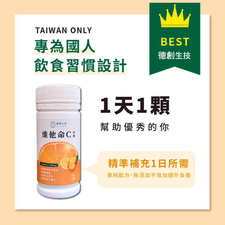 【德創生技】維他命C膠囊(60顆/瓶) 7 專為國人飲食習慣設計;一天一顆,幫助優秀的你!