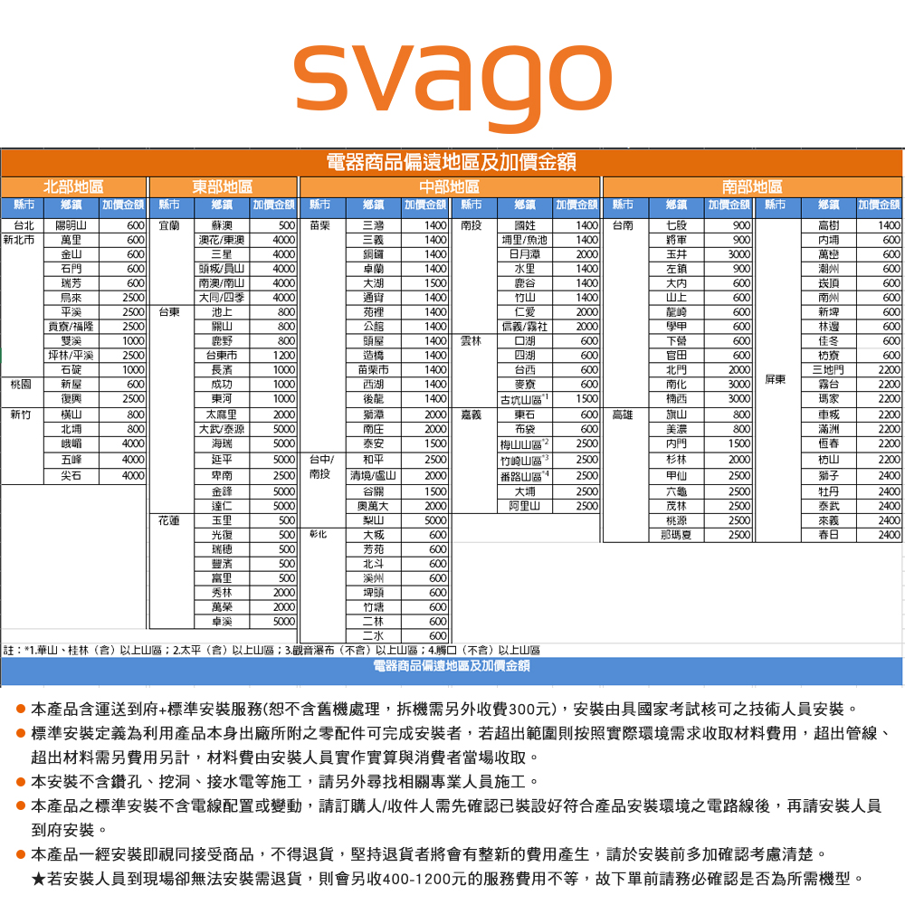 svago電器商品偏遠地區及金額縣部地區鄉鎮  金額 縣市東部地區部地區南部地區台北陽明山 宜蘭鄉鎮 加價金額 縣市蘇澳鄉鎮加價金額 縣市北市萬里澳花/東澳苗栗三1400南投鄉鎮 「加價金額 縣市國姓鄉鎮加價金額 縣市鄉鎮加價金額1400台南七股900高樹1400三義1400里/魚池1400將軍900埔金山三星銅鑼1400日月潭玉井3000萬巒石右門頭/員山卓蘭14001400水里14001400左900潮州芳瑞 南澳/南山4000400011400坎25002500 大同/四季4000400014001400140025002500 台東1900池上140014000新600貢寮/福隆25002500200公館14001400「雙溪1000頭14001400 雲信義/霧社20002000600中600林灣600口湖600600600600500 坪林/平溪2500台東市120014001400四湖600600600600600石碇1000長1000苗栗市1400台西600600北門北門2000三地門2200桃園新屋600成功1000西湖1400麥寮600南化30003000屏東霧台2200復興2500東河1000後龍1400古坑山區1500楠西30003000瑪家2200新竹横山800太麻里2000獅潭2000 嘉義東石600高雄旗山800城2200北埔800大武/泰源5000南庄2000布袋600美濃800滿洲2200峨嵋4000海瑞5000泰安1500 梅山山區2500門1500恆春2200五峰4000延平5000台中/和平2500竹崎山區2500杉林2000枋山2200尖石4000卑南2500南投清境/山2000番路山區2500甲仙2500獅子2400金锋5000谷關1500大埔2500六龜2500牡丹2400達仁5000奧萬大20002000阿里山2500茂林2500泰武2400花蓮玉里500梨山5000桃源2500來義2400光復500彰化600那瑪夏2500春日2400瑞穂500芳苑600豐濱500北斗600里500溪州600秀林2000埤頭600萬榮2000竹塘600卓溪5000二林600600註:*1.華山、桂林()以上山區2.太平()以上山區3.觀音瀑布(不含)以上山區;4.觸口(不含)以上山區電器商品偏遠地區及加價金額本產品含運送到府+標準安裝服務(恕不含舊機處理,拆機需另外收費300元),安裝由具國家考試核可之技術人員安裝。標準安裝定義為利用產品本身出廠所附之零配件可完成安裝者,若超出範圍則按照實際環境需求收取材料費用,超出管線、超出材料需另費用另計,材料費由安裝人員實作實算與消費者當場收取。本安裝不含鑽孔、挖洞、接水電等施工,請另外尋找相關專業人員施工。本產品之標準安裝不含電線配置或變動,請訂購人/收件人需先確認已裝設好符合產品安裝環境之電路線後,再請安裝人員到府安裝。●本產品一經安裝即視同接受商品,不得退貨,堅持退貨者將會有整新的費用產生,請於安裝前多加確認考慮清楚。★若安裝人員到現場卻無法安裝需退貨,則會另收400-1200元的服務費用不等,故下單前請務必確認是否為所需機型。