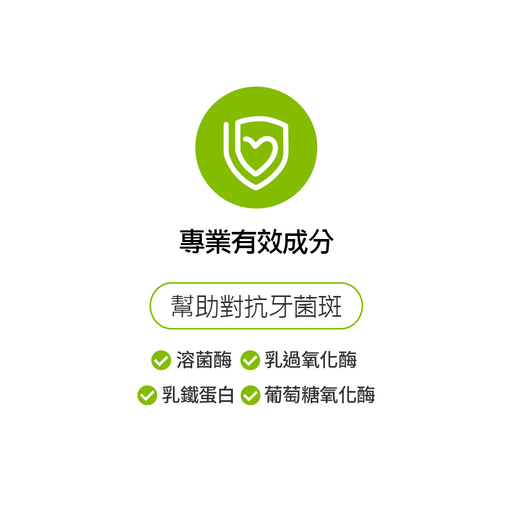專業有效成分，對抗牙菌斑：溶菌酶、乳過氧化酶、乳鐵蛋白、葡萄糖氧化酶，幫助口腔健康，維持清新好口氣