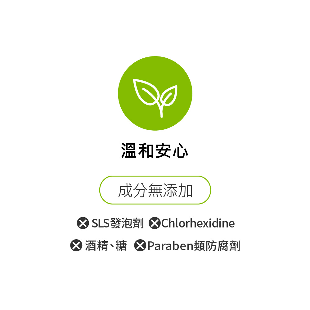 溫和安心，成分無添加SLS發泡劑、Paraben類防腐劑、酒精、糖，不易刺激口腔，溫和清新好口氣