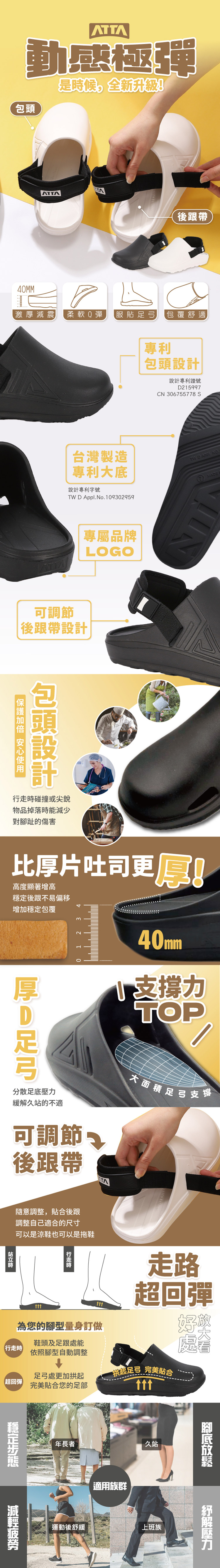 動感極彈是候全新升TA40MM激減震後跟帶 柔軟Q彈 服 包覆舒適專利包頭設計專利證號D21997CN 306755778 S台灣製造專利大底設計專利字號 No109302959TWD Appl. .MADE專屬品牌LOGO可調節後跟帶設計 使用包頭設計碰撞或尖銳物品掉落時能減少對腳趾的傷害比片吐司更厚!高度顯著增高後跟不易偏移增加穩定包覆D厚足弓1 2 340mm支撐力TOP分散足底緩久站的不適可調節 5後跟帶大面積足弓支撐隨意調整,貼合後跟調整自己適合的尺寸可以是涼鞋也可以是拖鞋行走時時TA走路超回彈處好為您的腳型量身訂做行走時【超回彈鞋頭及足跟處能依照腳型自動調整穩定足弓 完美貼合足弓處更加拱起完美貼合您的足部ttt年長者久站適用族群運動後舒緩上班族解壓力