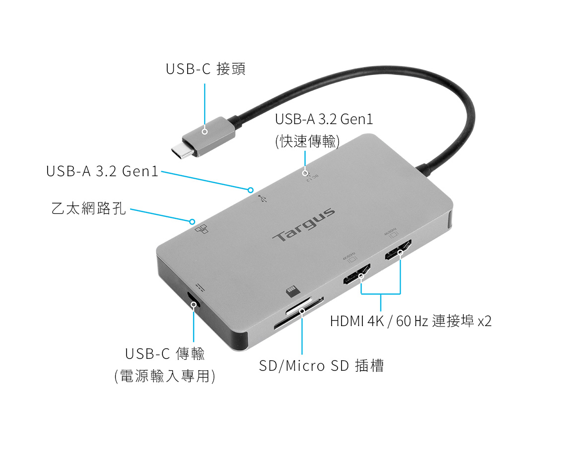 Targus USB-C Dual HDMI 4K Docking Station 100W PD 多功能擴充埠, 灰