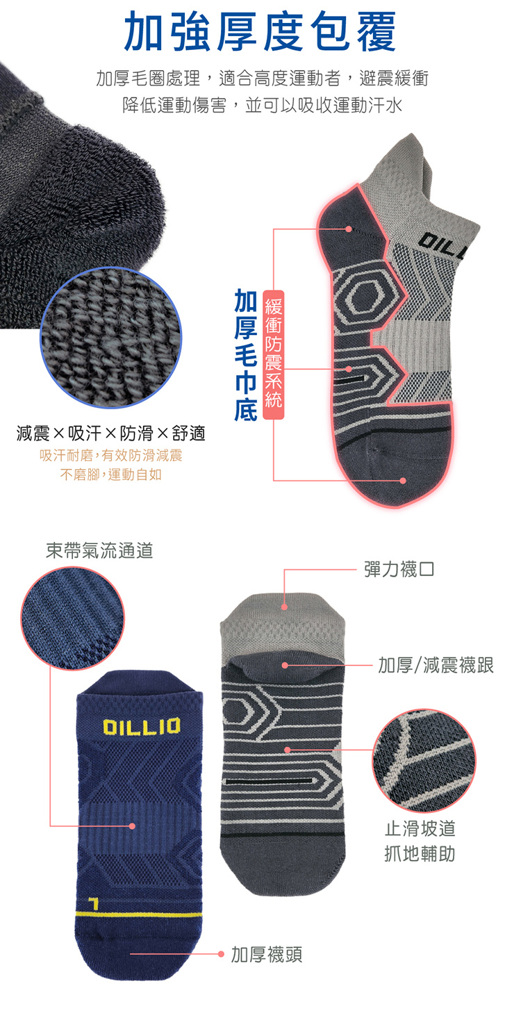 加強厚度包覆毛圈處理,適合高度運動者,避震降低運動傷害,並可以吸收運動汗水減震吸汗防滑舒適吸汗耐磨,有效防滑減震不磨腳,運動自如加厚緩衝束帶氣流通道彈力襪口DILLIO加厚/減震襪跟加厚襪頭止滑坡道抓地輔助