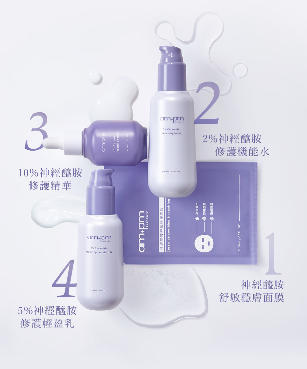 牛爾ampm神經醯胺領導品牌，機能水化妝水、輕盈乳乳液、修護精華、修護面膜，醫美術後必備。 添加玻尿酸、尿囊素、角鯊烷。