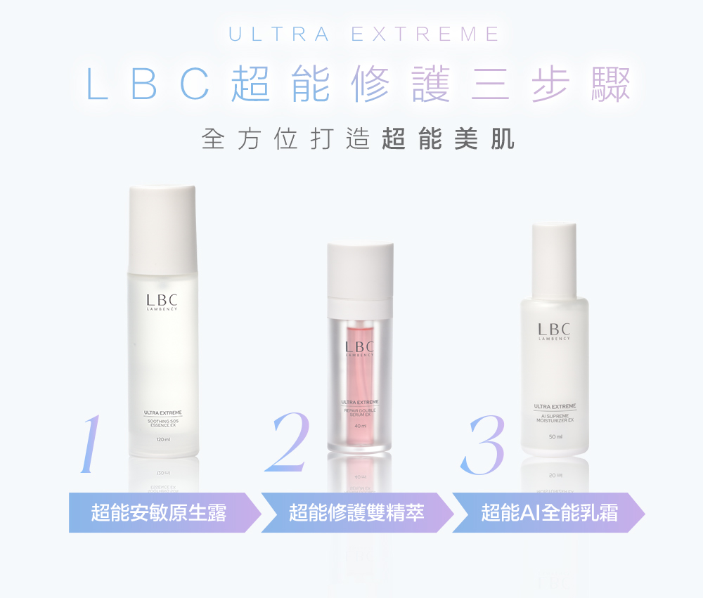 ULTRA TREMELBC超能修護三步驟全方位打造超能美肌LBCLBCLBCLAMBENCYULTRA TREME  2ULTRA TREME EX3ULTRA EXTREME EX  EX超能安敏原生露超能修護雙精萃超能AI全能乳霜