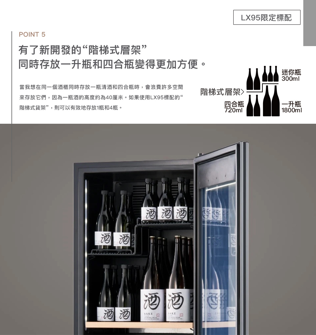 POINT 5有了新開發的“階梯式層架同時存放升瓶和四合瓶變得更加方便。LX95限定標迷你瓶300ml當我想在同一個酒櫃同時存放一瓶和四合瓶時,會浪費許多空間來存放它們,因為一瓶酒的高度約為40厘米。如果使用LX5標配的“階梯式貨架”,則可以有效地存放1瓶和4瓶。階梯式層架四合瓶一升瓶720ml1800ml酒 酒酒酒酒配酒酒酒 酒SAKE