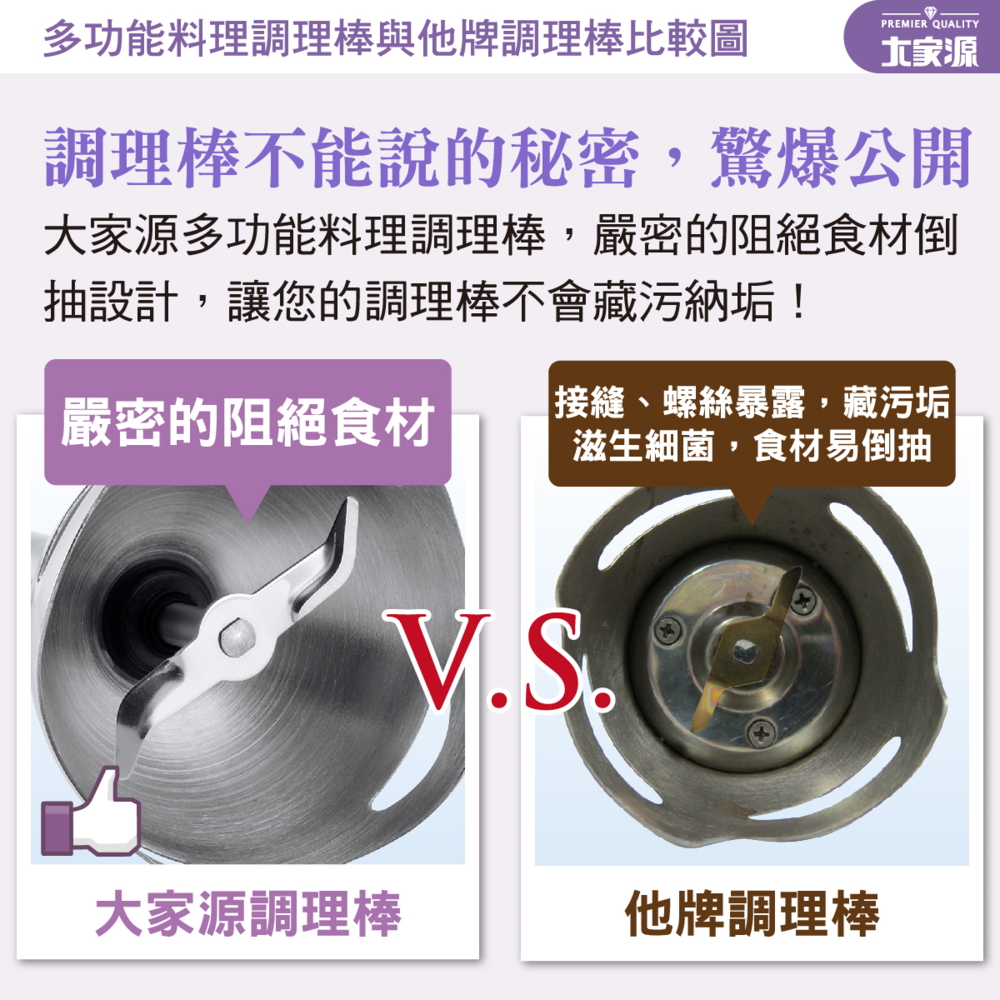 大家源多功能料理調理棒,嚴密的阻絕食材倒抽設計,讓您的調理棒不會藏污納垢!