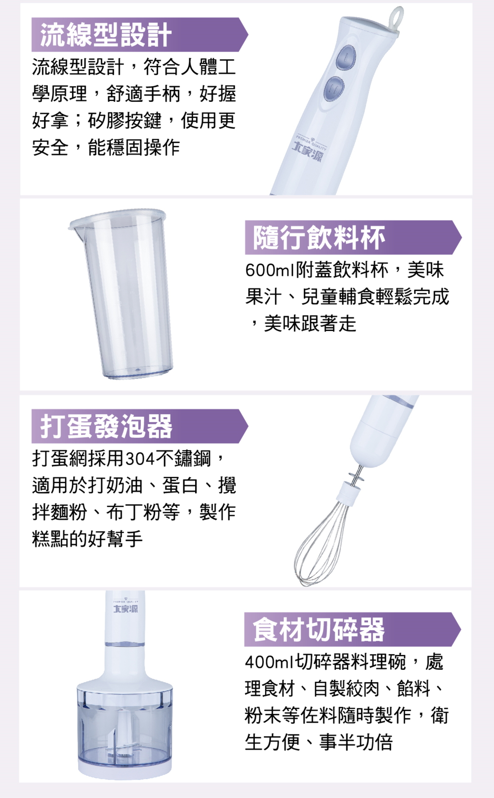 附有配件打蛋發泡器與食材切碎器