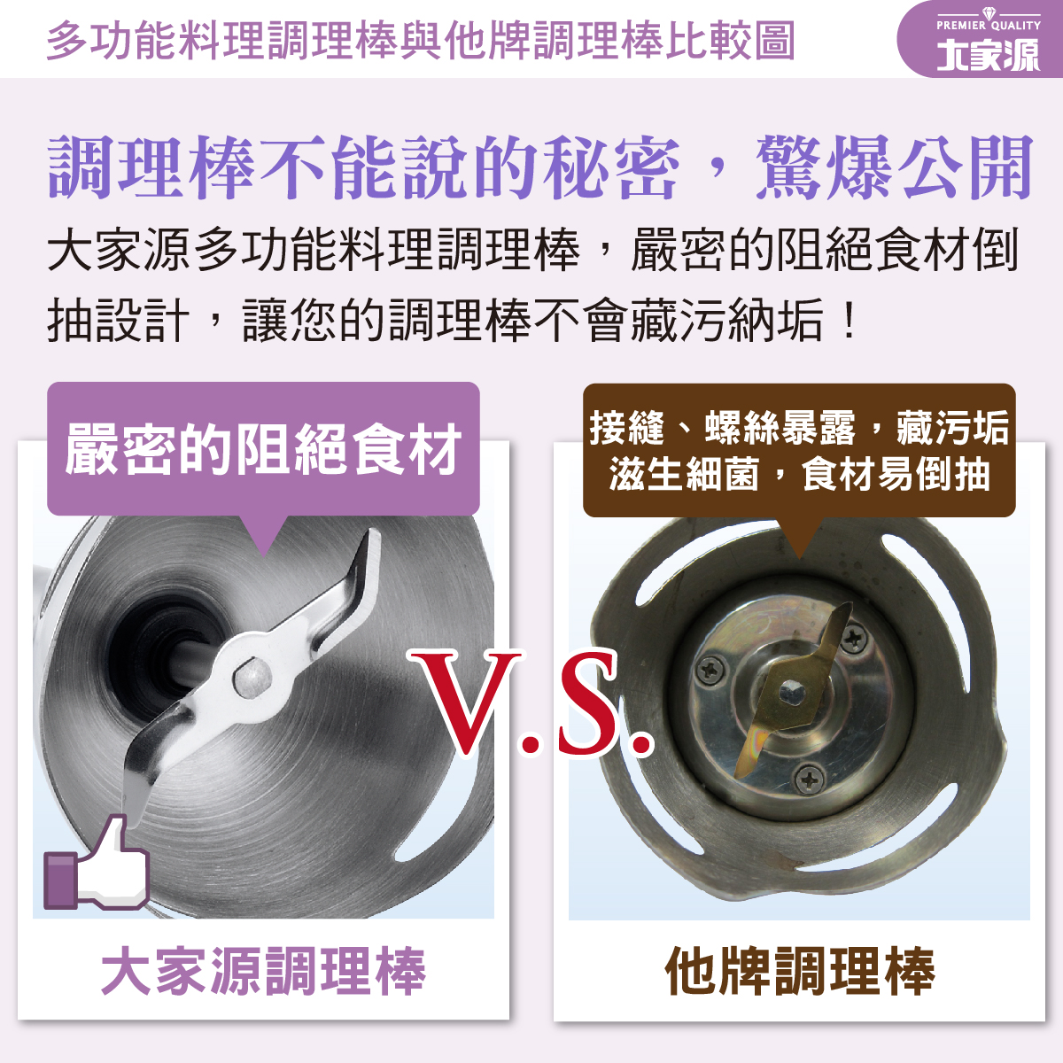 大家源多功能料理調理棒,嚴密的阻絕食材倒抽設計,讓您的調理棒不會藏污納垢!