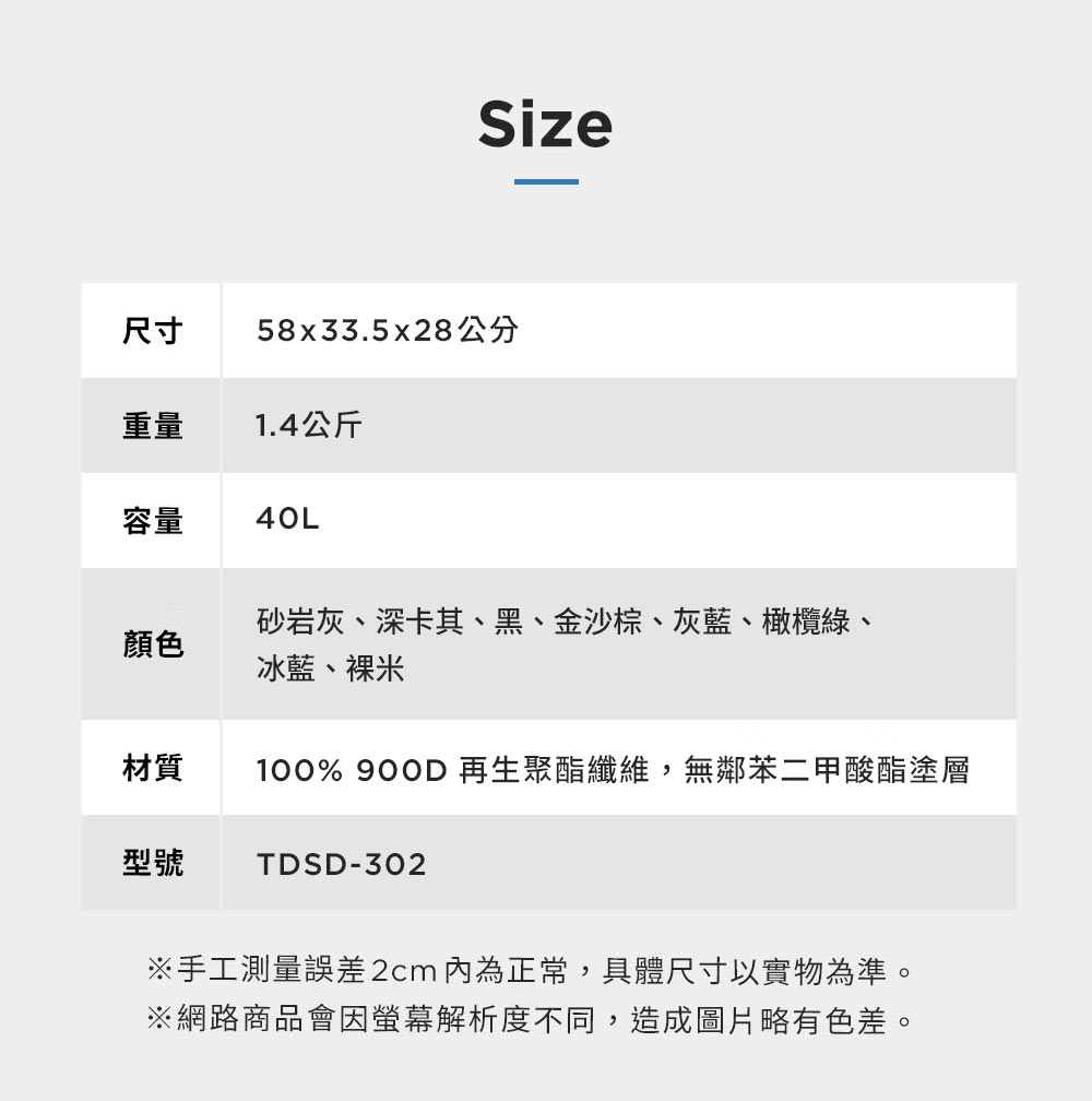Size尺寸 58x33.5x28公分重量1.4公斤容量砂岩灰、深卡其、黑、金沙棕、灰藍、橄欖綠、顏色材質型號冰藍、裸米100% 900 再生聚酯纖維,無鄰苯二甲酸酯塗層TDSD-302※手工測量誤差 2cm 內為正常,具體尺寸以實物為準。※網路商品會因螢幕解析度不同,造成圖片略有色差。