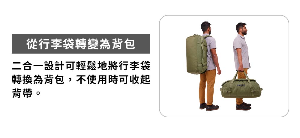 從行李袋轉變為背包二合一設計可輕鬆地將行李袋轉換為背包,不使用時可收起背帶。