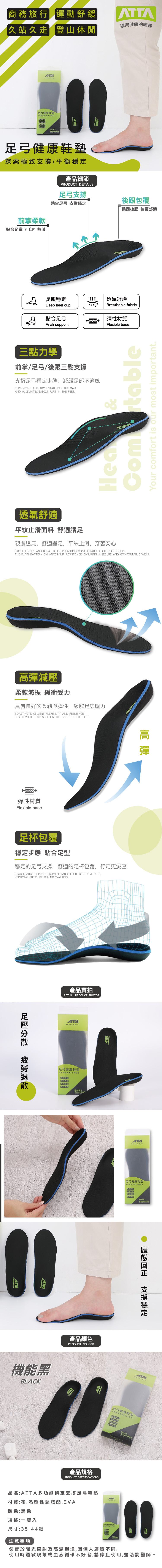 商務 運動舒緩 登山休閒弓健康邁向健康的橋樑足弓健康鞋墊極產品細節PRODUCT DETAILS前掌柔軟貼合足掌 可自行裁減足弓後跟包覆貼合足弓撐穩固後跟 包覆舒適足跟穩Deep heel cup透氣舒適Brethable fabric貼合足弓性材質Arch supportFlexible base三點力學前掌/足弓/後跟三點支撐支撐足弓穩定步態減緩足部不適感SUPPORTING THE ARCH STABILIZES THE GAITAND ALLEVIATES DISCOMFORT IN THE FEETComrtableYour comfort is our most important透氣舒適平紋止滑面料舒適護足親膚透氣、舒適護足平紋止滑、穿著安心SKIN-FRIENDLY AND BREATHABLE, PROVIDING COMFORTABLE FOOT PROTECTIONTHE PLAIN PATTERN ENHANCES SLIP RESISTANCE, ENSURING A SECURE AND COMFORTABLE WEAR彈減柔軟減振 緩衝受力具有良好的柔韌與彈性,緩解足底壓力BOASTING EXCELLENT FLEXIBILITY AND RESILIENCE,IT ALLEVIATES PRESSURE ON THE SOLES OF THE FEET彈性材質Flexible base高彈足杯包覆穩定步態 貼合足型穩定的足弓支撐,舒適的足杯包覆,行走更減壓STABLE ARCH SUPPORT, COMFORTABLE FOOT CUP COVERAGE,REDUCING PRESSURE DURING WALKING足壓 產品實拍ACTUAL PRODUCT PHOTOS  足弓健康鞋墊支撐穩定行久站久走登山休閒 能黑BLACK產品顏色PRODUCT COLORS  足弓健康鞋墊探平衡穩定旅 a產品規格PRODUCT SPECIFICATIONS品名:多功能穩定支撐足弓鞋墊材質:布.熱性聚胺酯.EVA顏色:黑色規格:一雙入尺寸:35-44號注意事項支撐穩定ATTA足弓健康鞋塑索致支/平衡機定Health Comfortable足弓健康鞋墊勿置於陽光直射及高溫環境,因個人膚質不同,使用時過敏現象或血液循環不好者,請停止使用,並洽詢醫師。