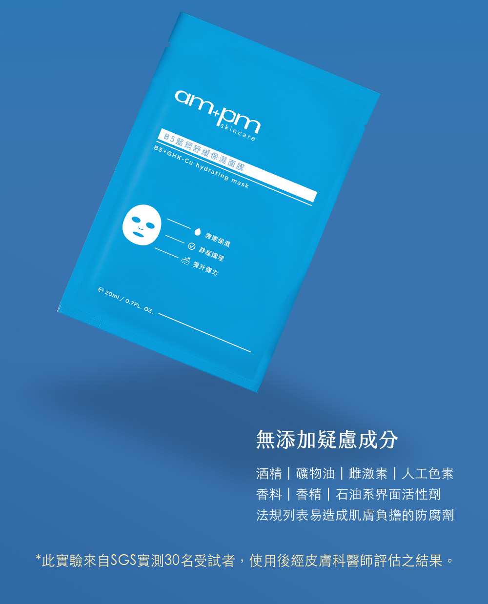 牛爾ampmB5藍銅舒緩保濕面膜。全系列7大無添加，專業醫師認證零刺激貼膚實測，無添加疑慮成分，無酒精、無礦物油、無雌激素、 無人工色素、無香料、無香精、無石油界面活性劑 。