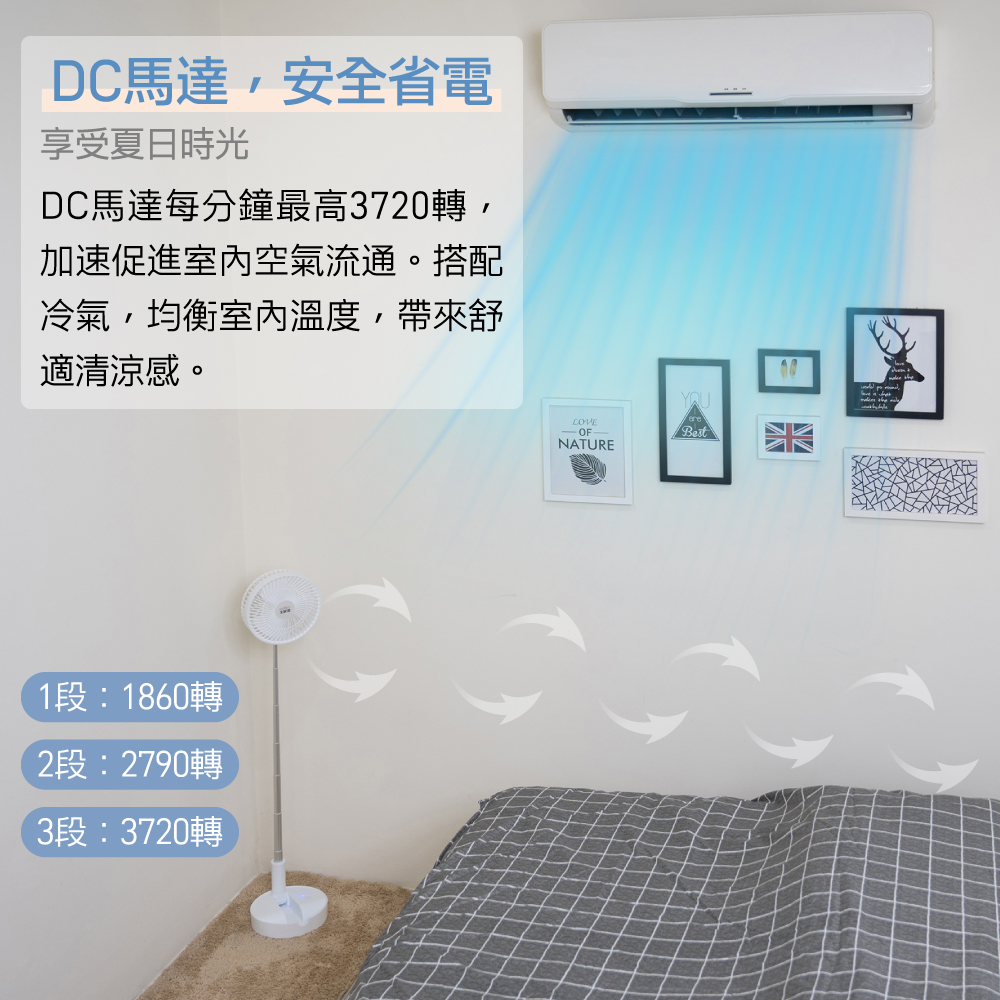 享受夏日時光 DC馬達每分鐘最高16000轉 加速促進室內空氣流通。搭配冷氣,均衡室內溫度,帶來舒適清涼感。