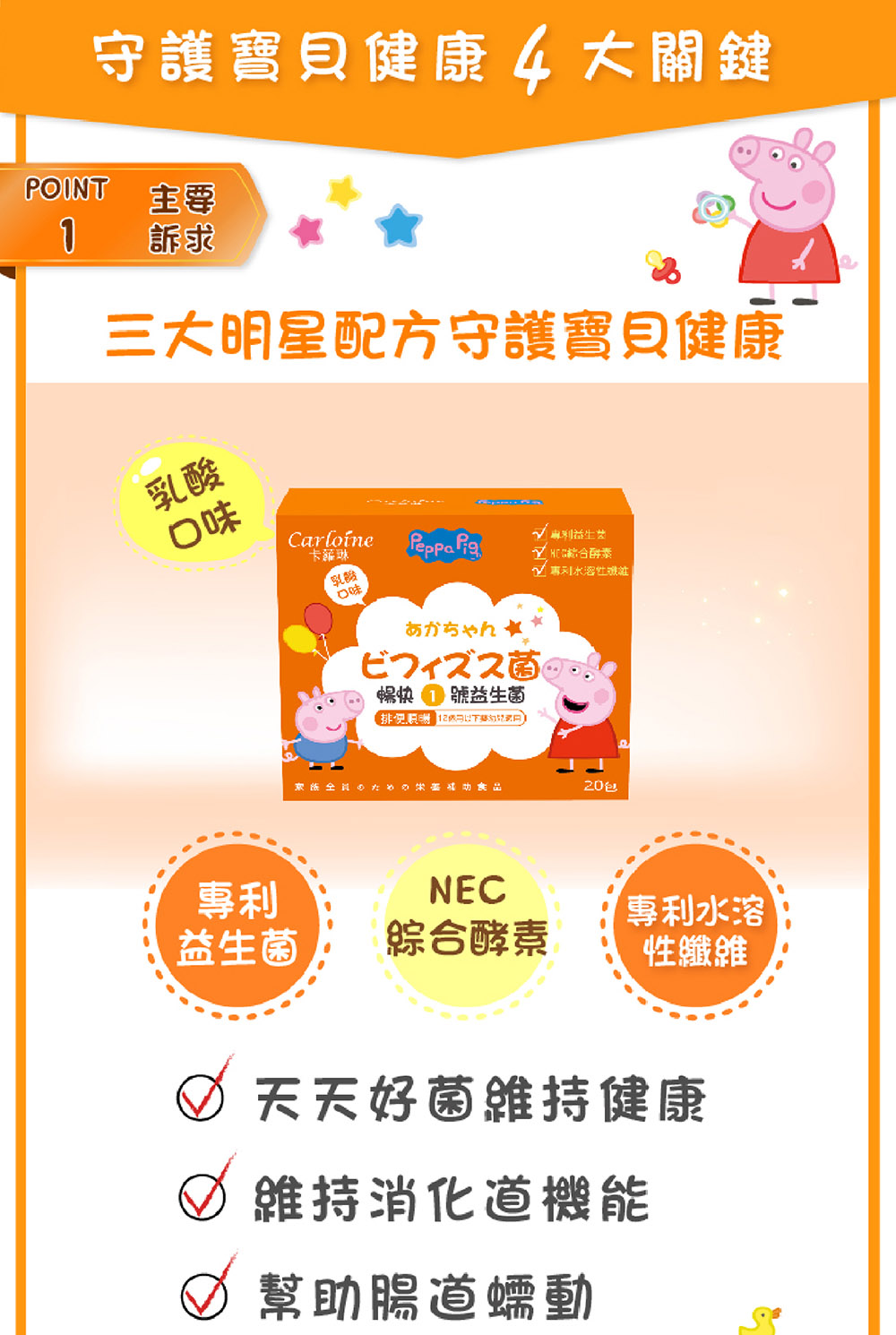 守護寶貝健康4大關鍵POINT訴求三大明星配方守護寶貝健康口味Carloíne乳酸口味Peppa 利益生√ 專利菌暢快 號益生菌20專利NEC專利水溶益生菌綜合酵素性纖維天天好菌維持健康 維持消化道機能幫助腸道蠕動