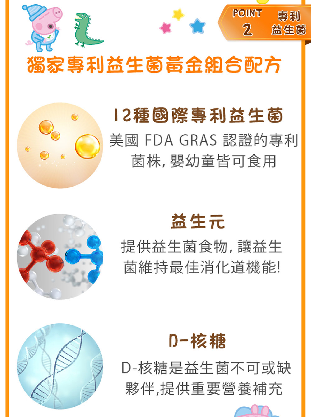 POINT專利2益生菌獨家專利益生菌黃金組合配方12種國際專利益生菌美國 FDA GRAS 認證的專利菌株,嬰幼童皆可食用益生元提供益生菌食物,讓益生菌維持最佳消化道機能!D-核糖D-核糖是益生菌不可或缺夥伴,提供重要營養補充