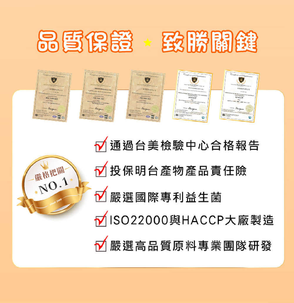 品質保證 致勝關鍵 嚴格把關-NO.1 通過台美檢驗中心合格報告 投保明台產物產品責任險嚴選國際專利益生菌MISO22000 與HACCP大廠製造嚴選高品質原料專業團隊研發