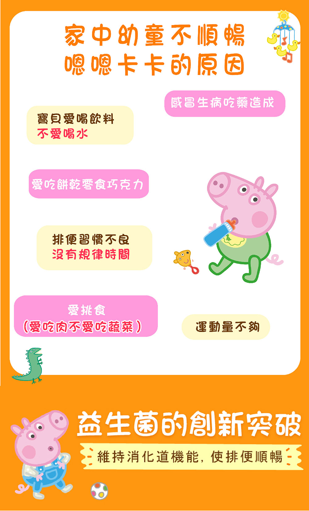 家中幼童不順暢嗯嗯卡卡的原因感冒生病吃藥造成寶貝愛喝飲料不愛喝水愛吃餅乾零食巧克力排便習慣不良沒有規律時間愛挑食(愛吃肉不愛吃蔬菜)運動量不夠益生菌的創新突破維持消化道機能,使排便順暢