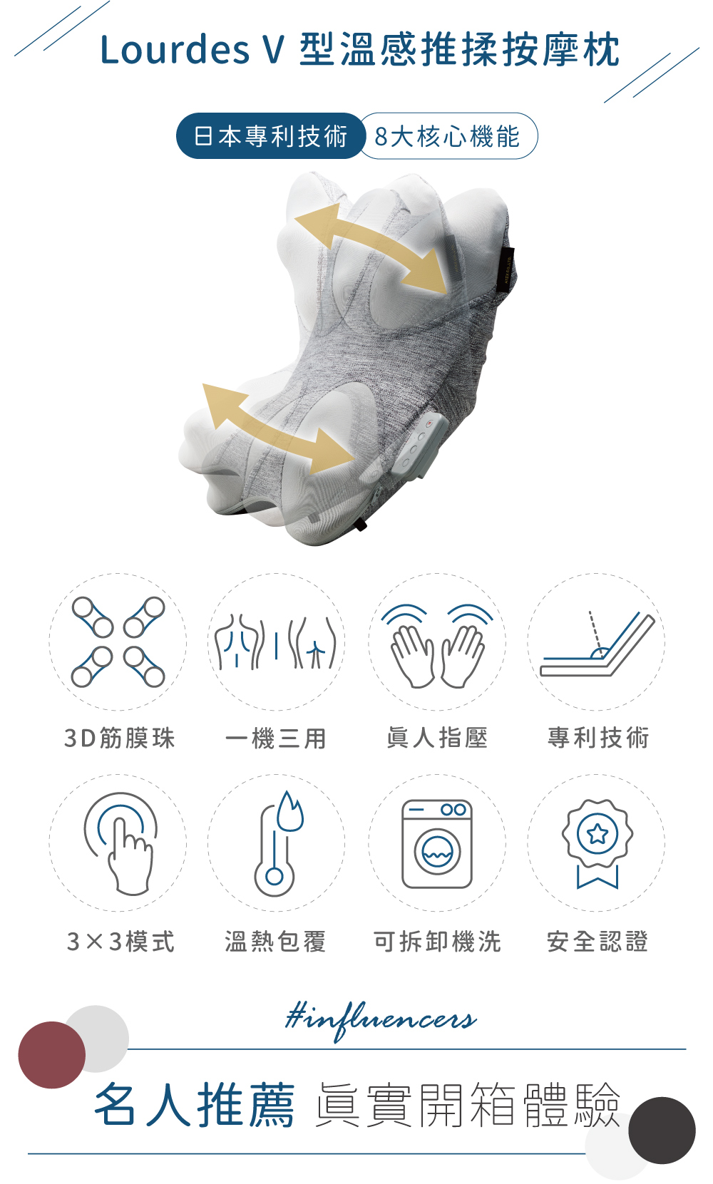Lourdes V 型溫感推揉按摩枕日本專利技術 8大核心機能3D筋膜珠一機三用眞人指壓專利技術3×3模式溫熱包覆 可拆卸機洗安全認證#influencers名人推薦 真實開箱體驗