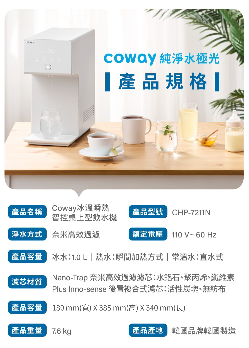 120coway 純淨水極光規格產品名稱 Coway冰溫瞬熱產品型號CHP-7211N智控桌上型飲水機淨水方式 奈米高效過濾額定電壓 10 V~ 60 Hz濾芯材質產品容量 冰水:1.0L 熱水:瞬間加熱方式|常溫水:直水式Nano-Trap 奈米高效過濾濾芯:水鋁石、聚丙烯、纖維素Plus Inno-sense 後置複合式濾芯:活性炭塊、無紡布產品容量180 mm(寬) X 385mm(高) X 340 mm(長)產品重量 kg產品產地 韓國品牌韓國製造