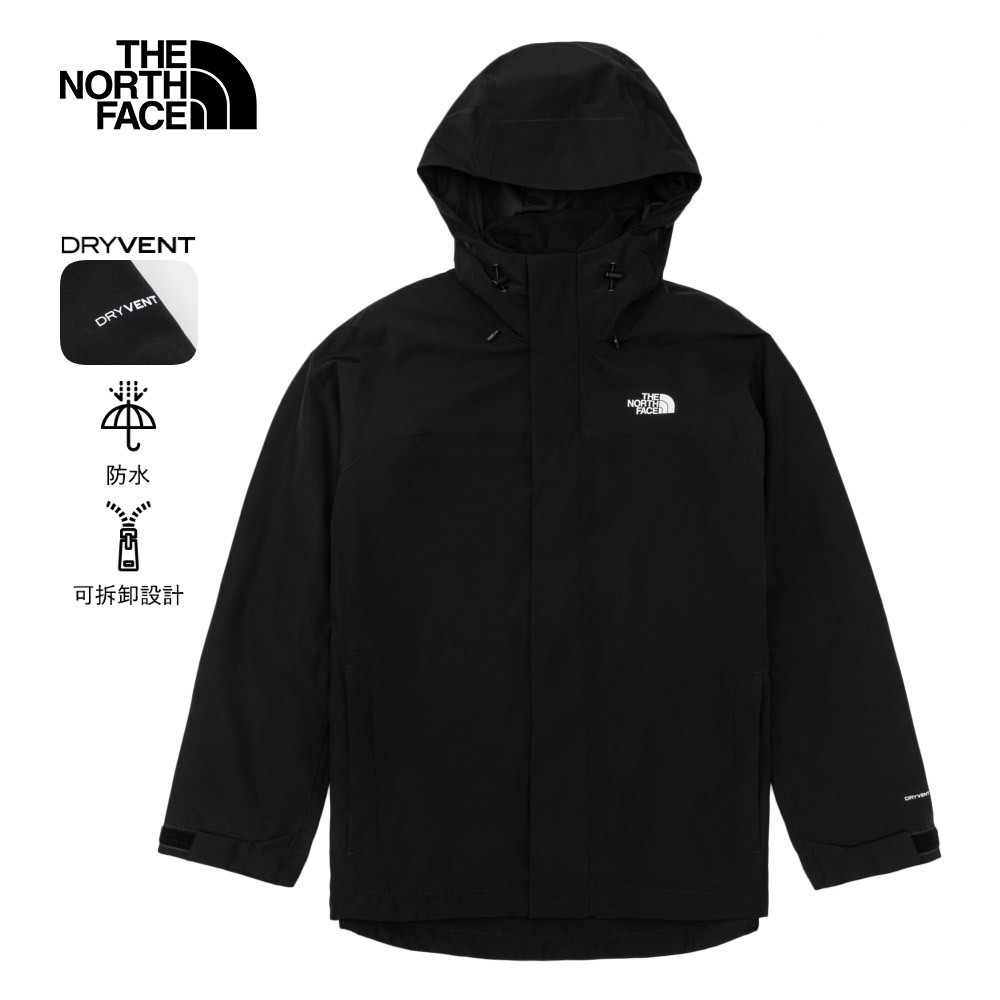 The North Face北面男款黑色防水透氣連帽抓絨內裡三合一外套｜89ZPJK3