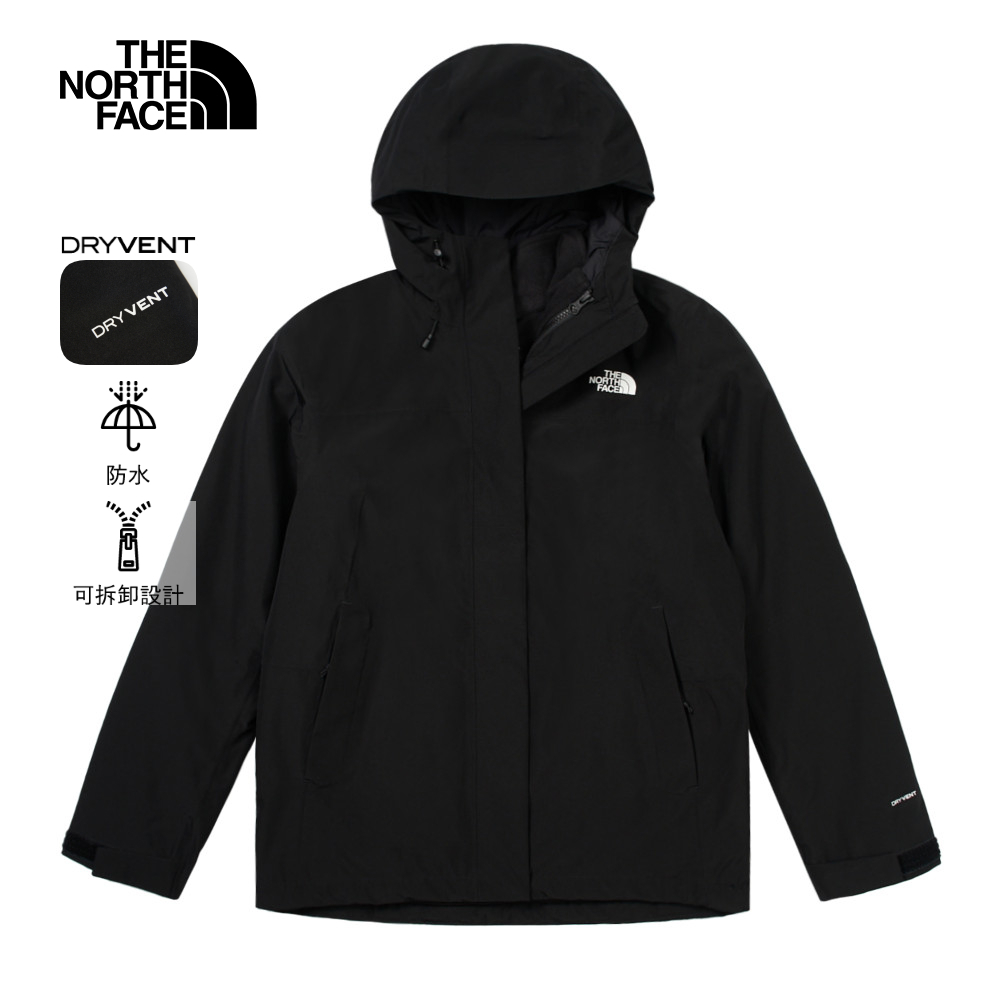 The North Face北面女款黑色防水保暖舒適可調節連帽抓絨內裡三合一外套｜89