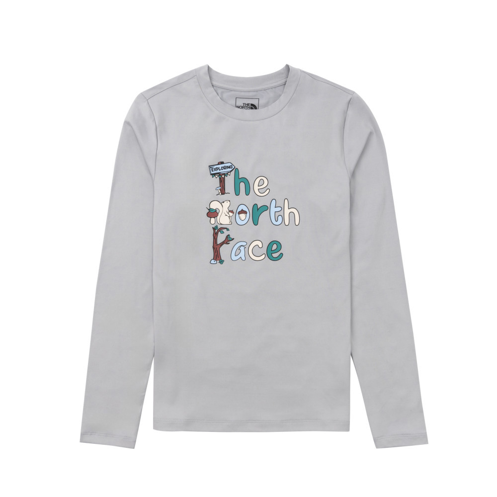 The North Face北面兒童灰色吸濕排汗防曬品牌字樣印花長袖上衣｜8ATYA0M