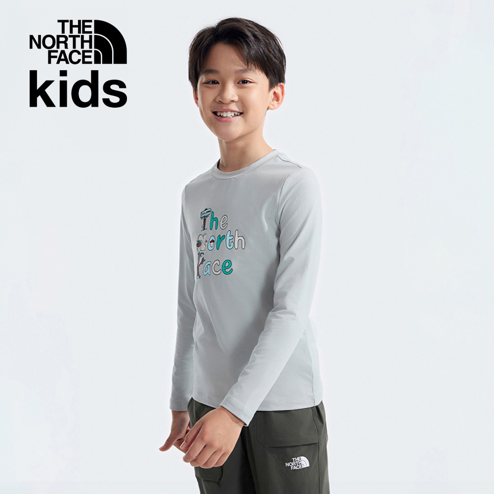 The North Face北面兒童灰色吸濕排汗防曬品牌字樣印花長袖上衣｜8ATYA0M