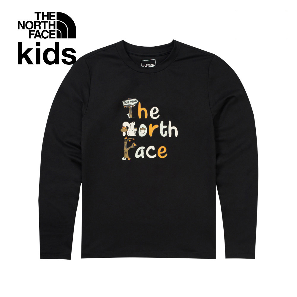 The North Face北面兒童黑色吸濕排汗防曬品牌字樣印花長袖上衣｜8ATYJK3