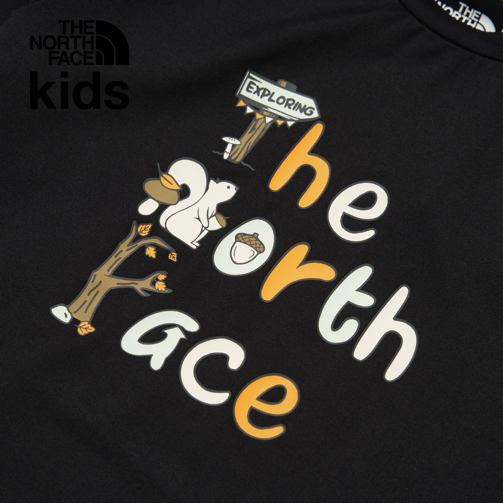 The North Face北面兒童黑色吸濕排汗防曬品牌字樣印花長袖上衣｜8ATYJK3