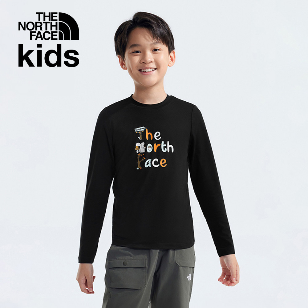 The North Face北面兒童黑色吸濕排汗防曬品牌字樣印花長袖上衣｜8ATYJK3