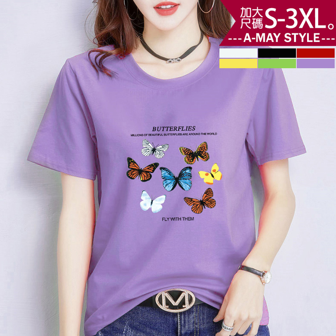 加大碼上衣 蝶之戀時尚印花彈力牛奶絲短袖T恤(S-3XL)【XLL21S8】＊艾美時尚(現 預)