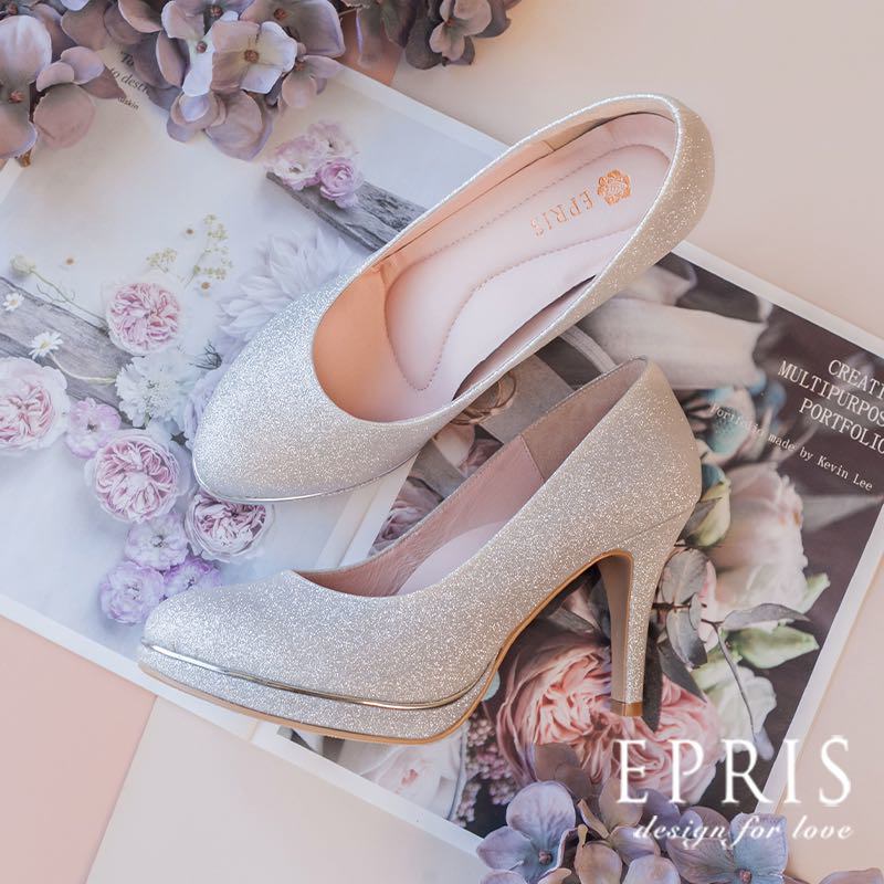 現貨 MIT小中大尺碼圓頭高跟鞋推薦 豐饒公主-P297-P298 大尺碼婚鞋 大尺碼女鞋 大尺碼高跟鞋 前高後高素面婚鞋 新娘鞋 20.5-28 EPRIS艾佩絲-雪銀白