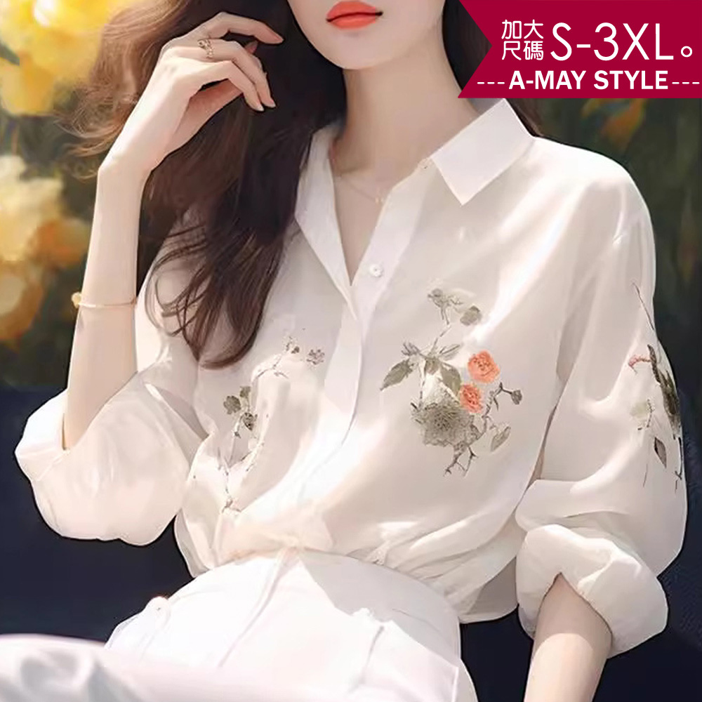 加大碼上衣 防曬衫 古典美優雅印花仙女感雪紡襯衫(S-3XL)【XT24SF45】＊艾美時尚(現 預)