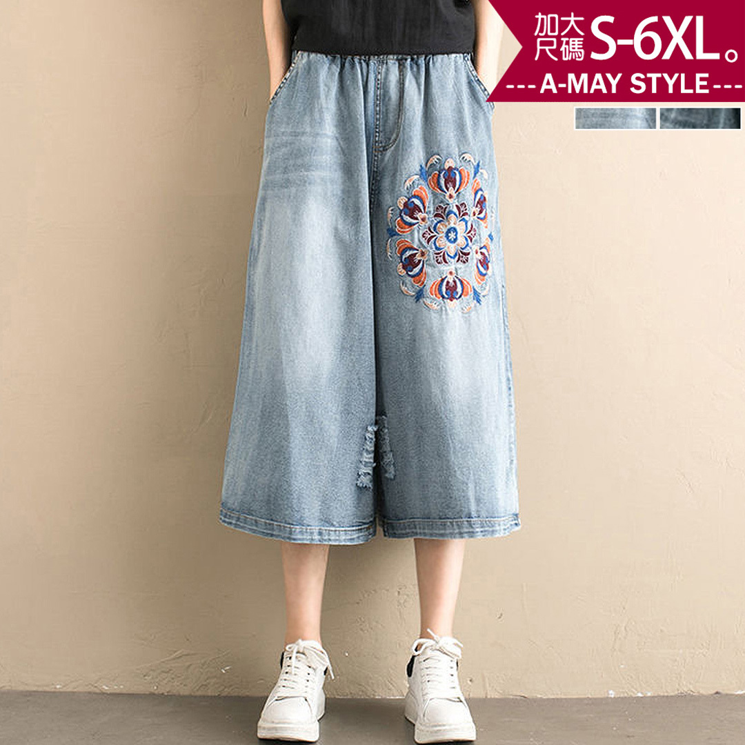 加大碼 長褲 丹寧褲 民族風刺繡刷破七分牛仔寬褲(S-6XL)【XC000864】＊艾美時尚(現 預)