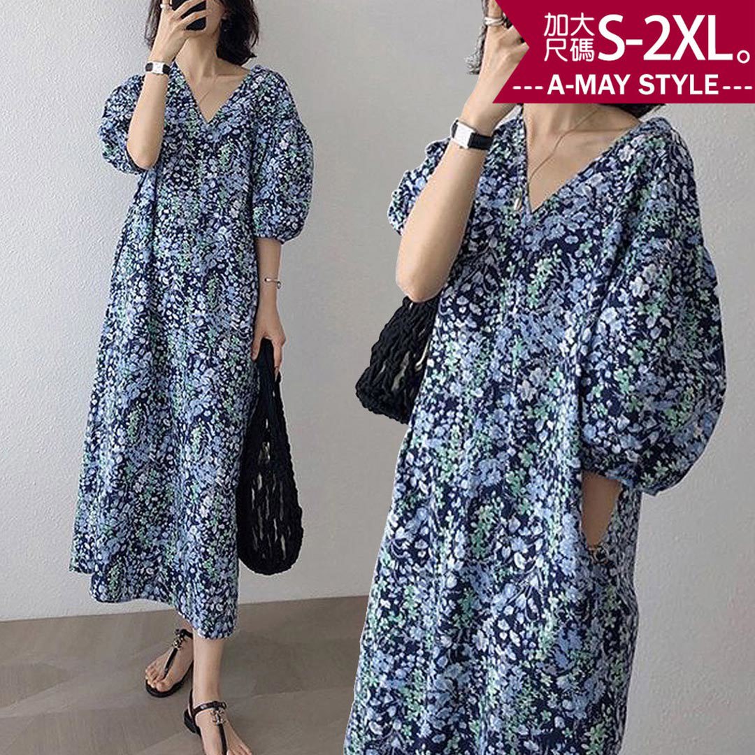 加大碼連身裙 韓系法式小碎花寬鬆燈籠袖洋裝(S-2XL)【XG24SV43】＊艾美時尚(現 預)
