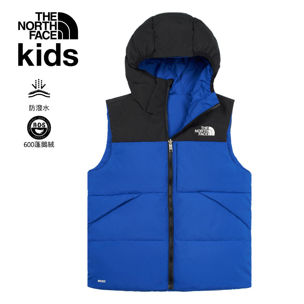 The North Face北面兒童藍色防潑水舒適保暖兩面穿連帽羽絨背心｜89XREF1